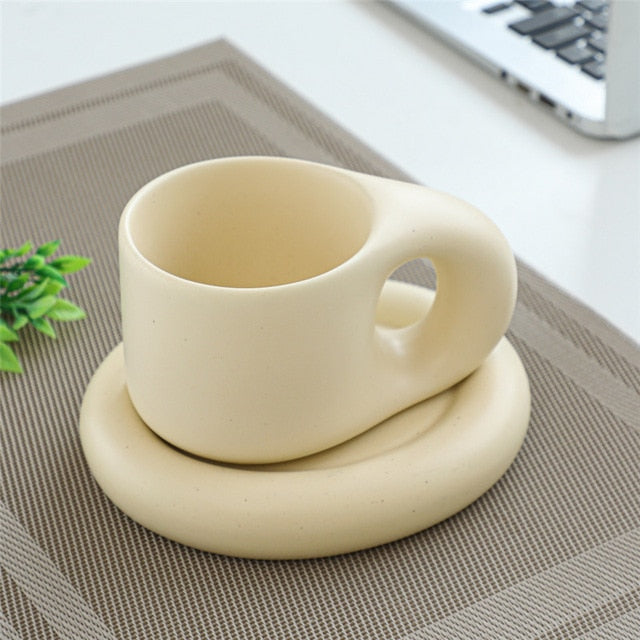 Nordic Ceramic Fat Handle Mug Oval Plate 300 ml